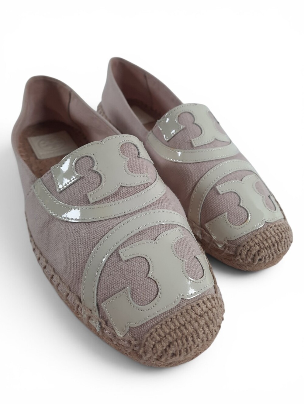 TORY BURCH Jute Espadrille Poppy Leather Canvas Cap Toe Pale Pink Ivory Logo 8 - Picture 2 of 11